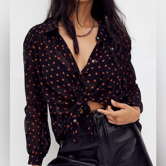 Free People Tops - Free People Ciara Black with Orange Polka Dot Button Down Blouse - Size L